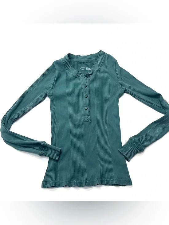aerie Road Trip Ribbed Long Sleeve Henley Long Sleeve Tee Deep Forest Green AEO - Picture 2 of 4